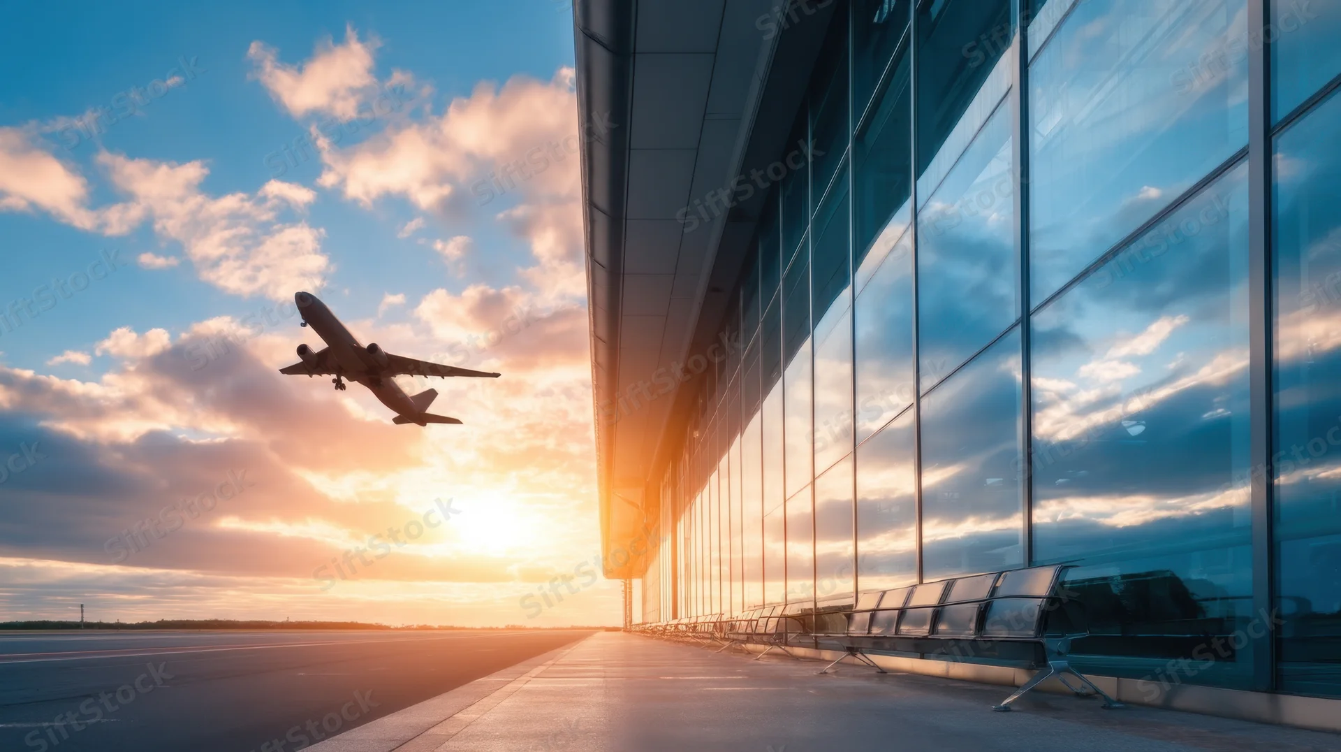 Airplane taking off near airport terminal at sunset