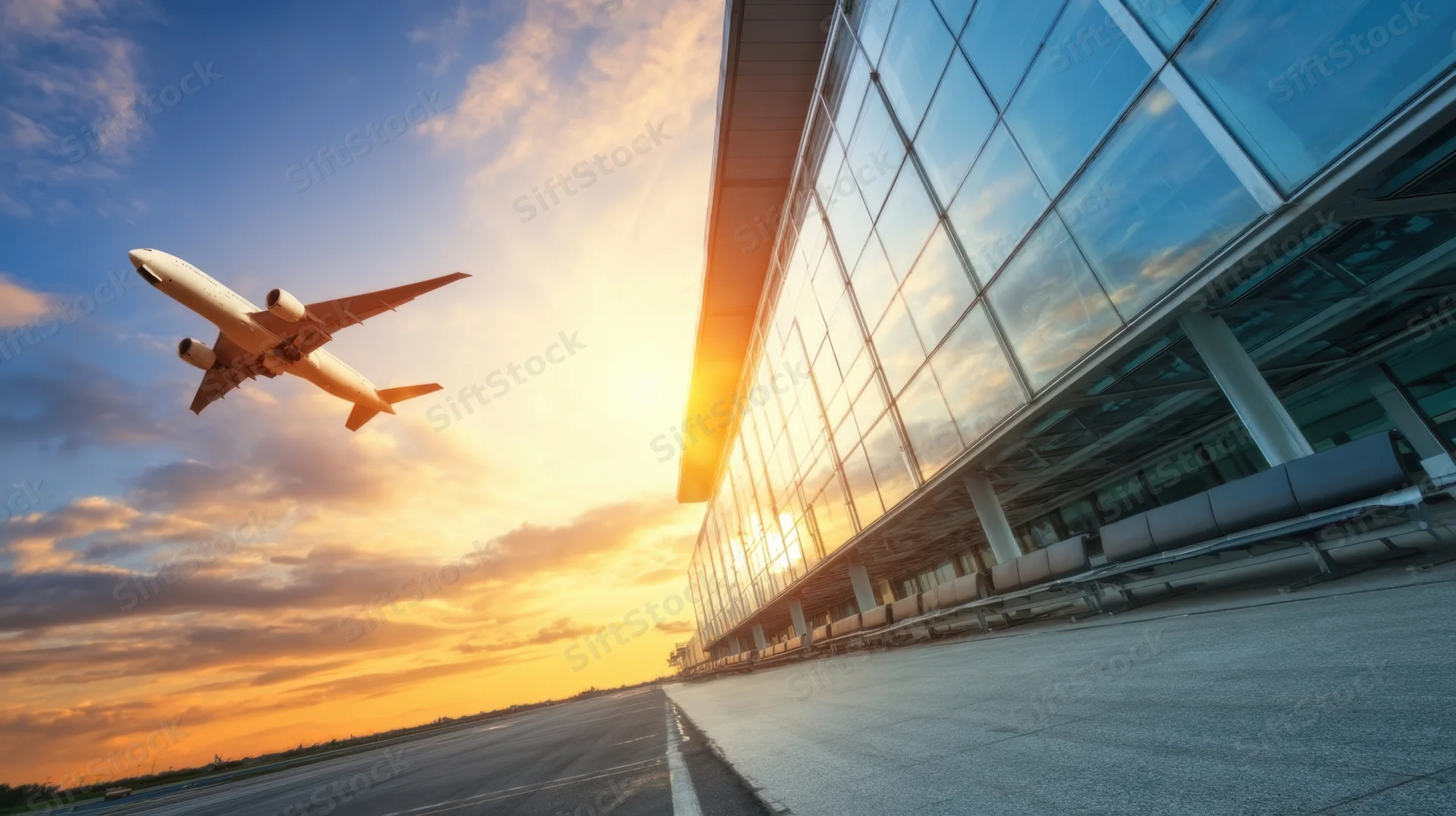 Airplane taking off beside airport terminal at sunset