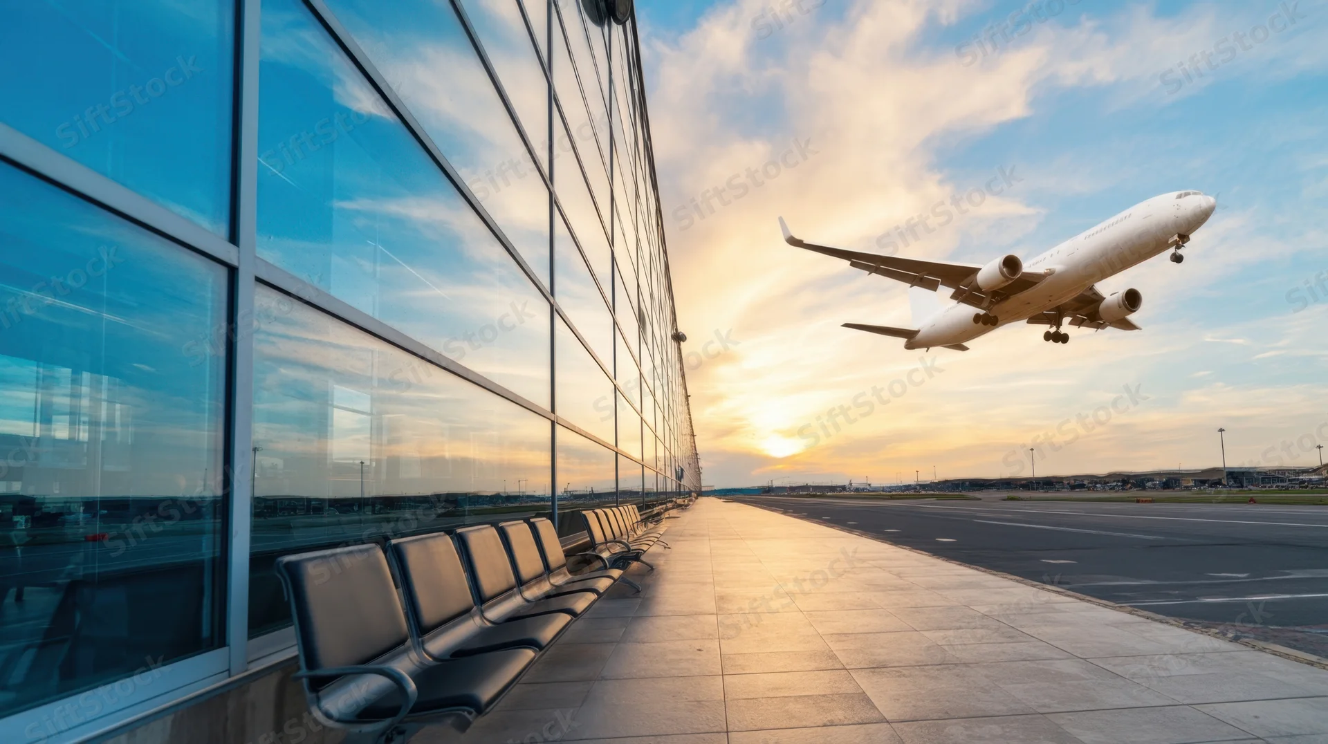 Airplane landing near airport terminal with seating and glass wall at sunset