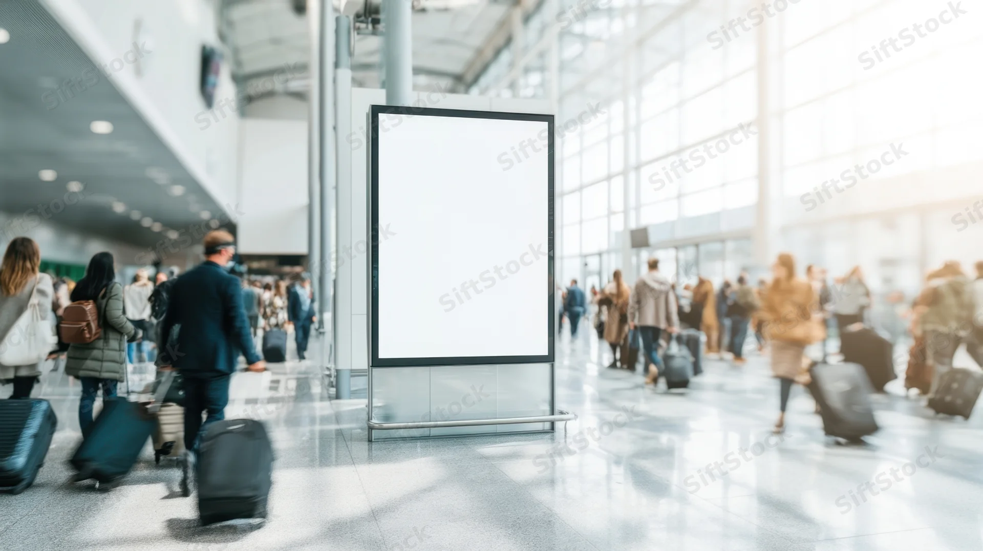 Blank digital advertisement display in airport terminal with travelers and luggage moving around it