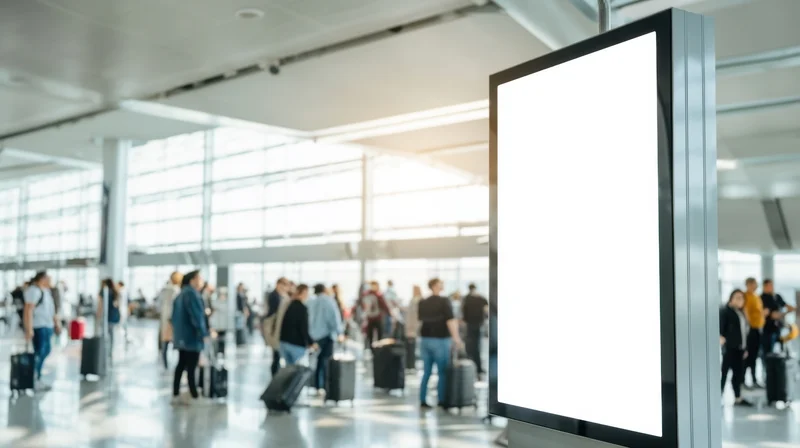 Blank digital display in airport terminal with travelers and luggage in background