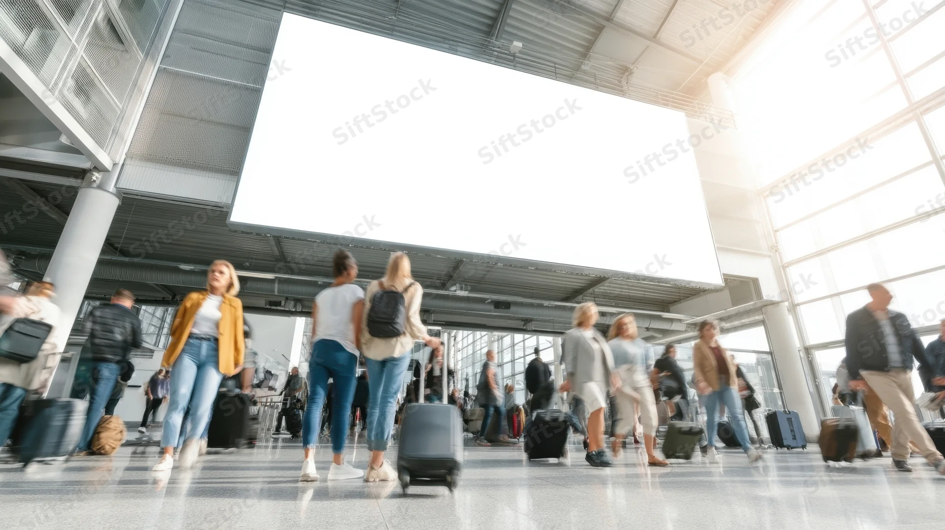 Travelers with luggage walking through a modern airport terminal
