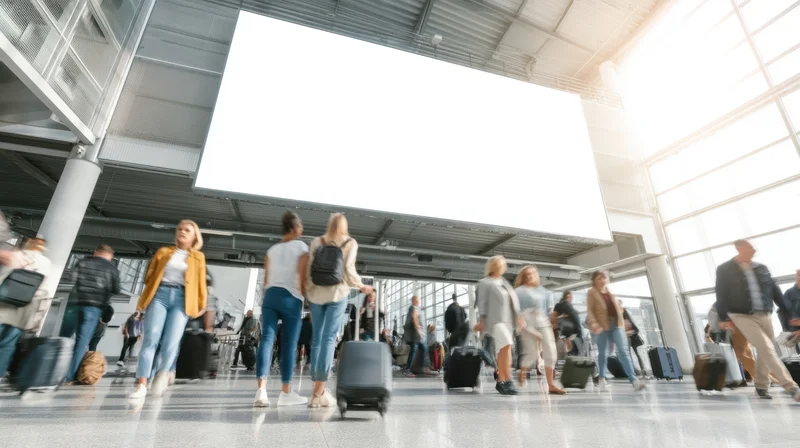 Travelers with luggage walking through a modern airport terminal