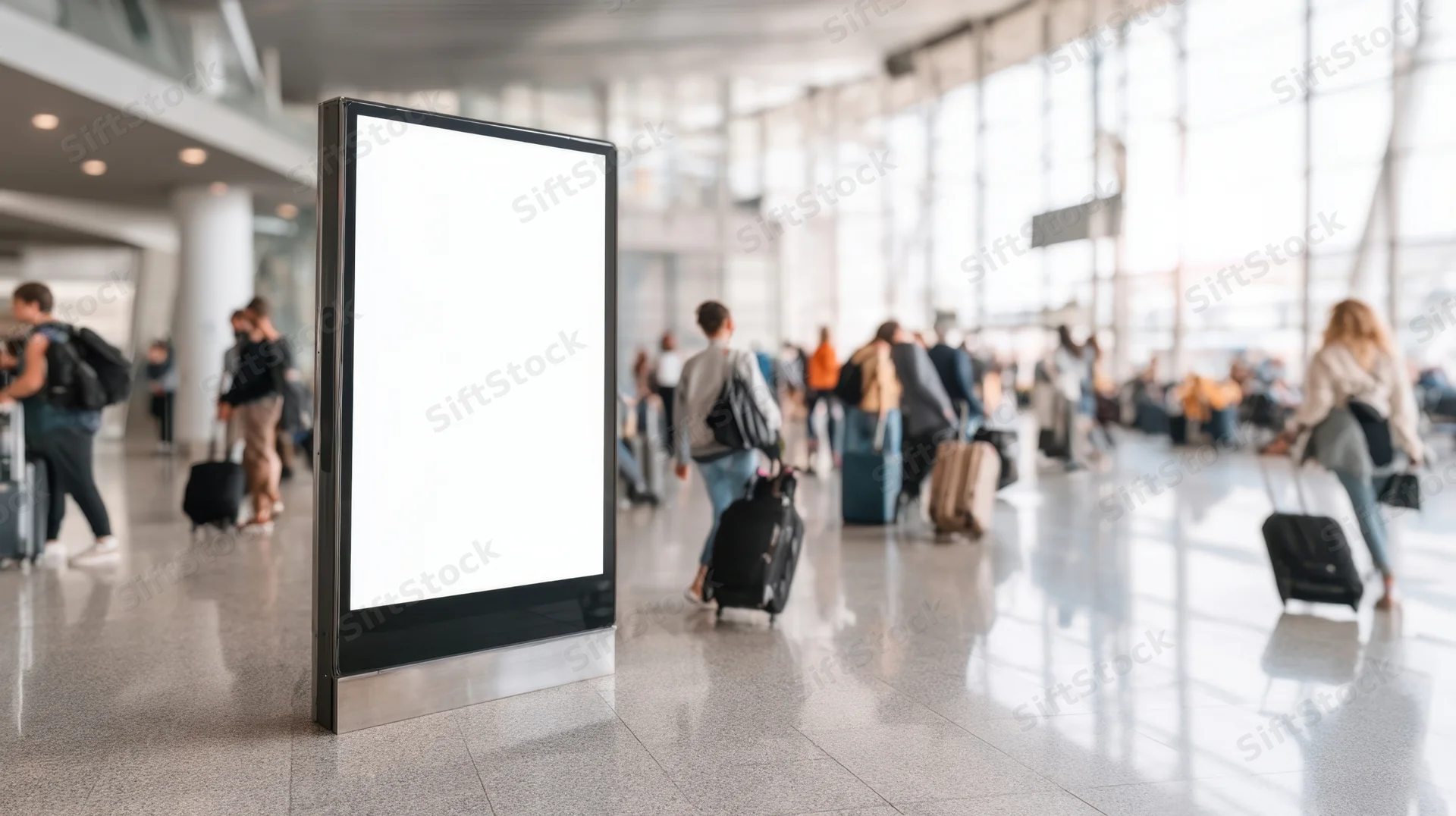 Blank digital advertisement screen in airport terminal with travelers and luggage in background