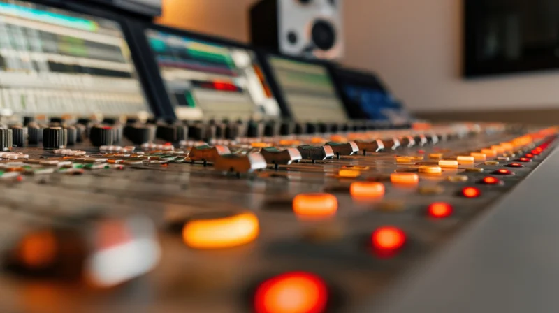 Close-up of a mixing console with illuminated faders and knobs in a recording studio