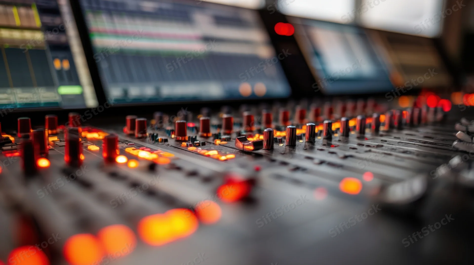 Closeup of a mixing console with glowing red leds and digital screens in a recording studio