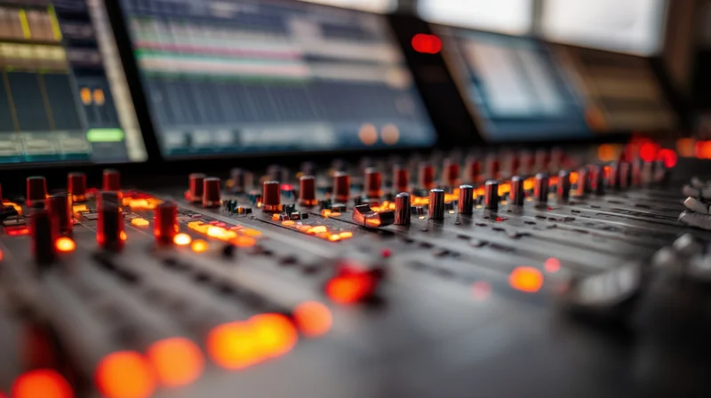 Closeup of a mixing console with glowing red leds and digital screens in a recording studio