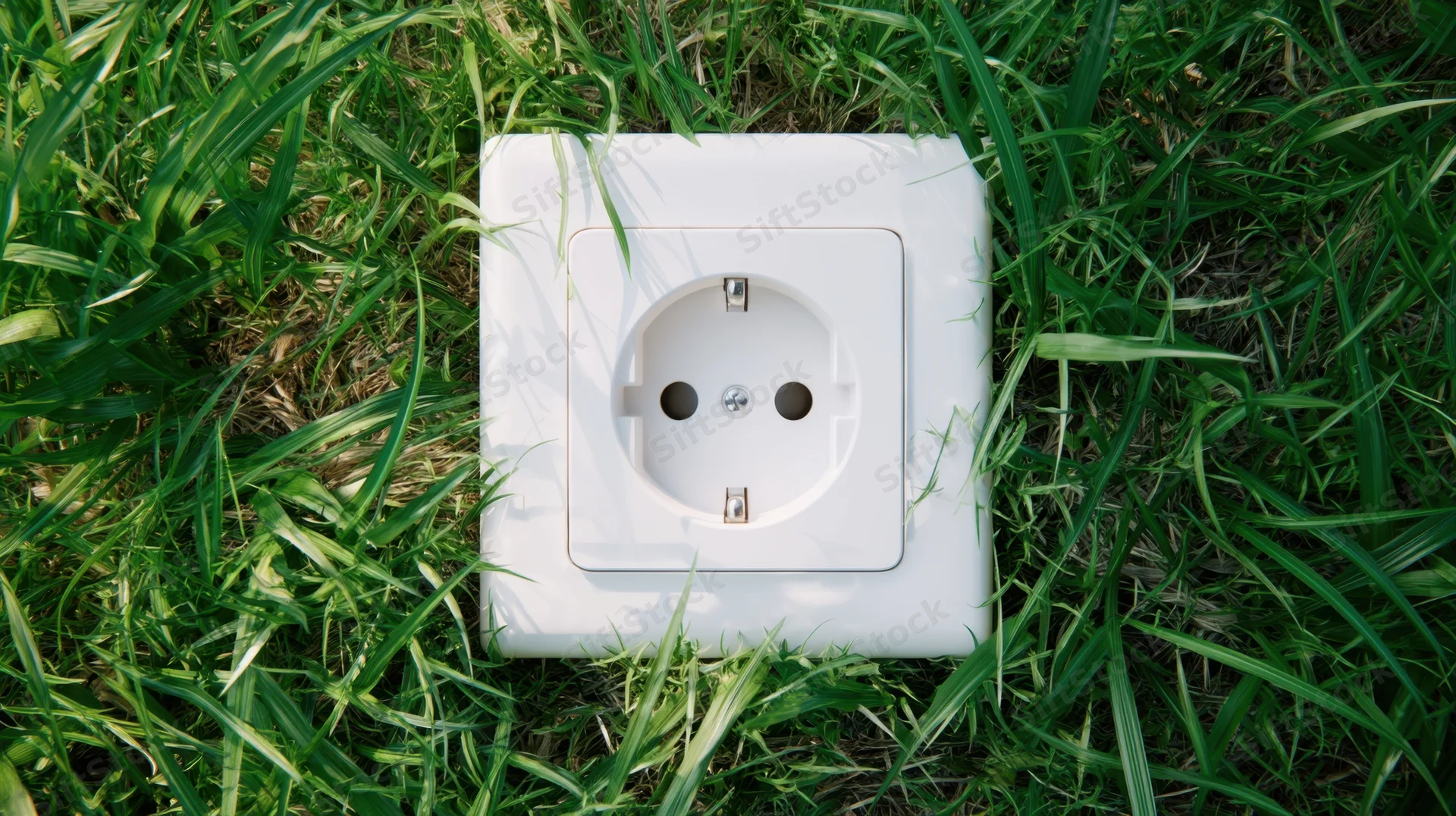 White european electrical socket embedded in green grass outdoors