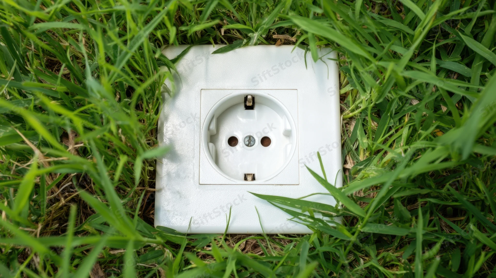 White electrical outlet embedded in green grass