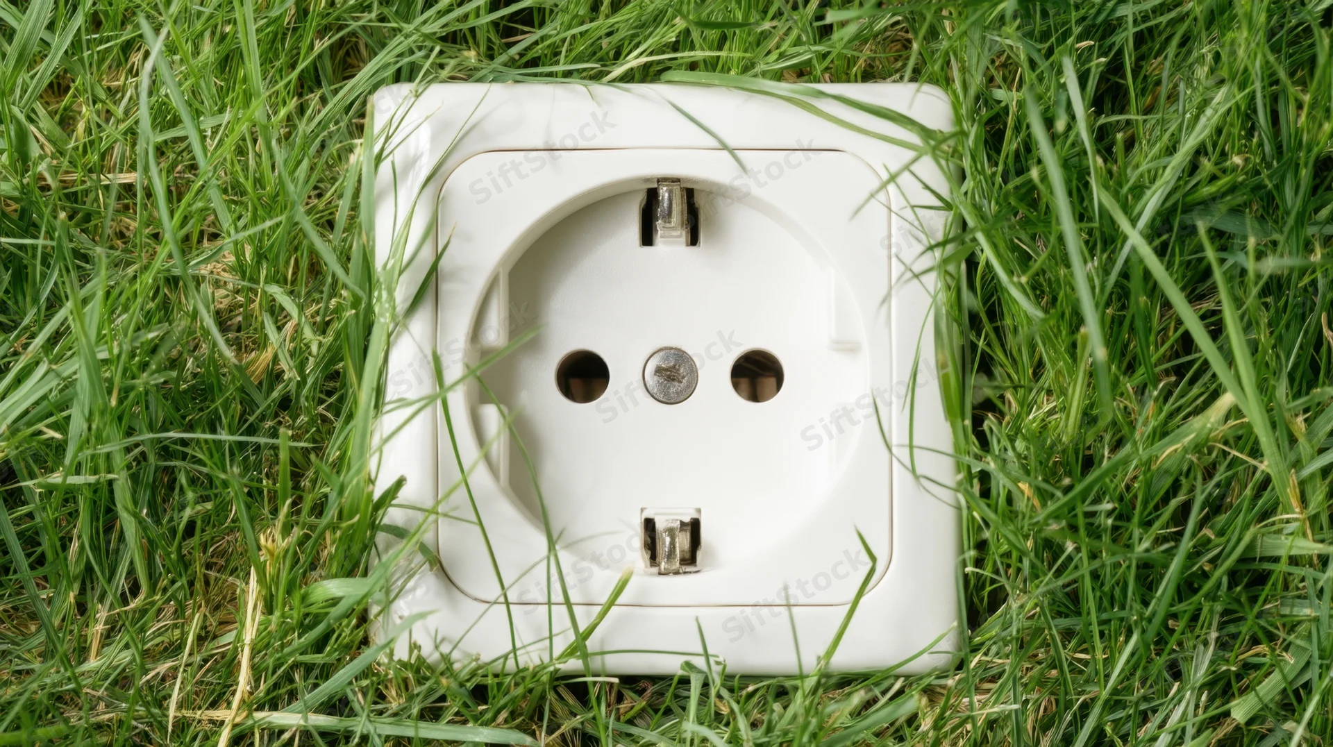 White electrical socket embedded in green grass outdoors