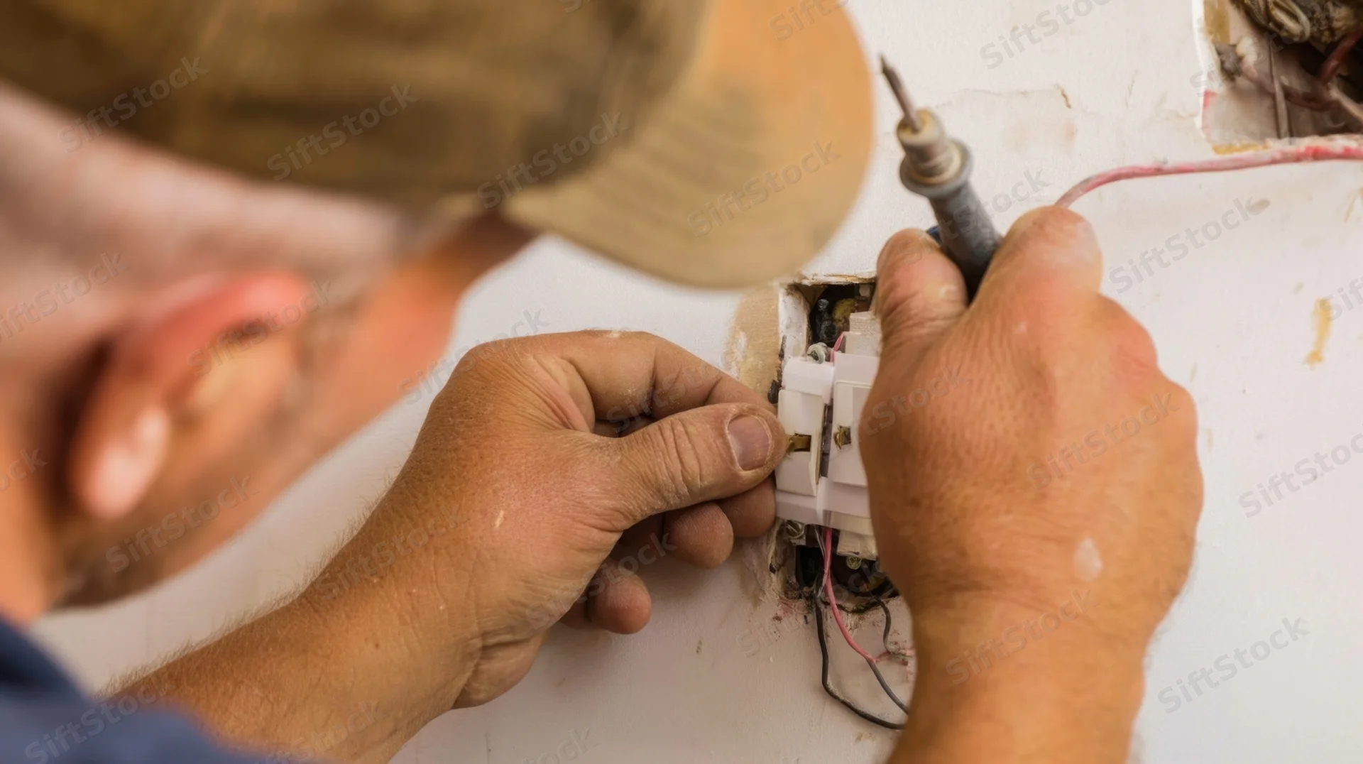 Electrician repairing wall outlet with screwdriver during home renovation
