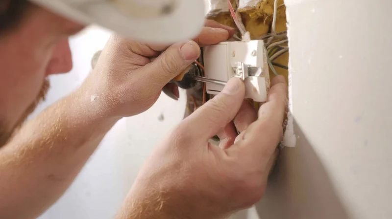 Electrician installing electrical socket in wall during home renovation