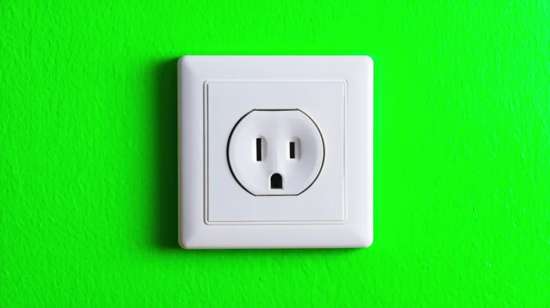 White electrical outlet mounted on a bright green wall