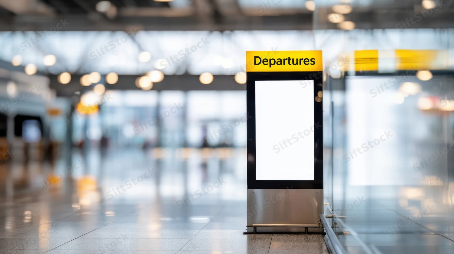 Blank digital display sign in airport terminal with departures text at top