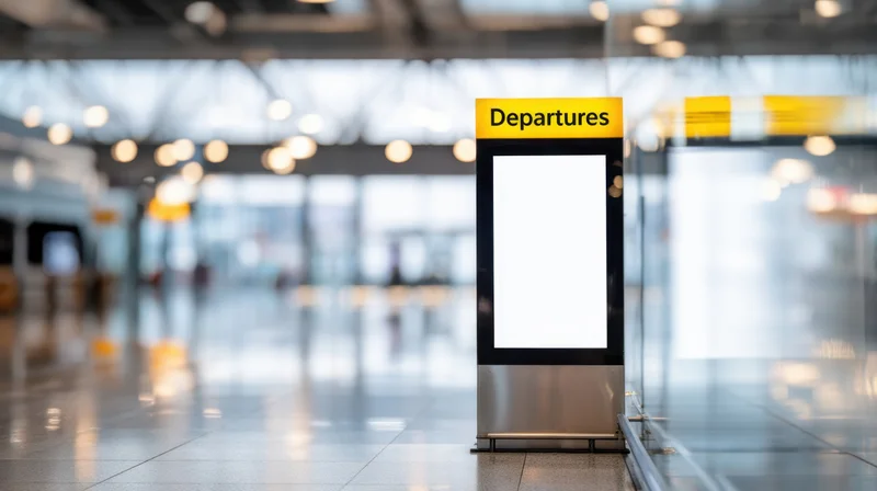 Blank digital display sign in airport terminal with departures text at top