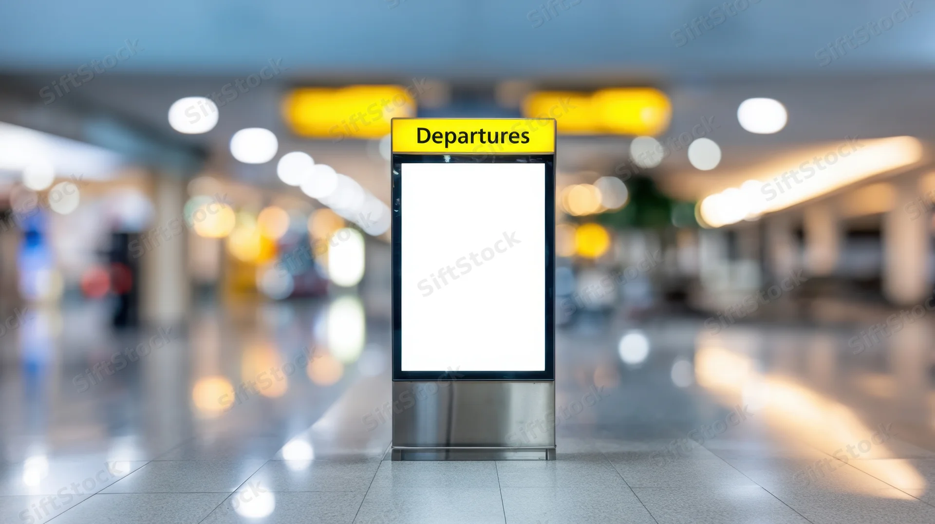 Blank digital display sign labeled departures in airport terminal with blurred background and copyspace