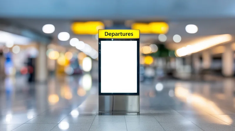 Blank digital display sign labeled departures in airport terminal with blurred background and copyspace