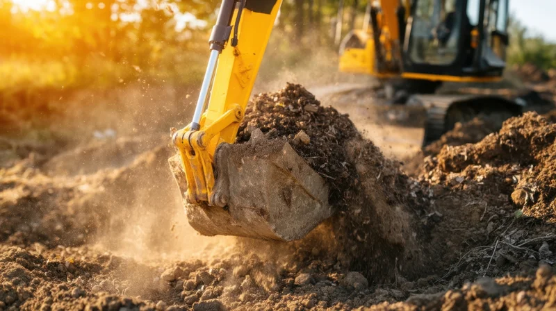 Yellow excavator digging soil at a construction site during golden hour