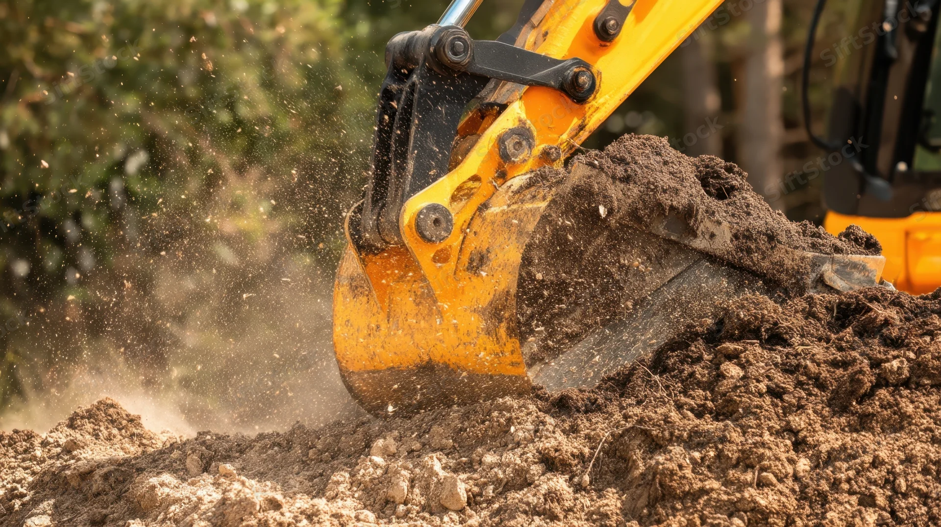Excavator bucket digging into soil at a construction site