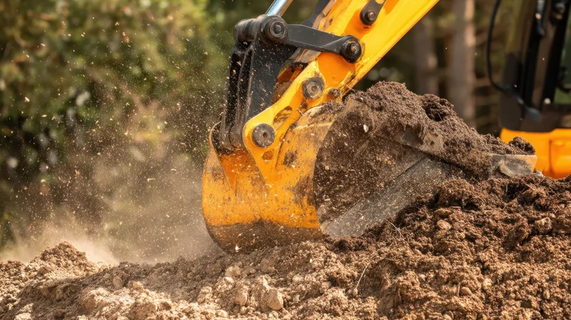 Excavator bucket digging into soil at a construction site