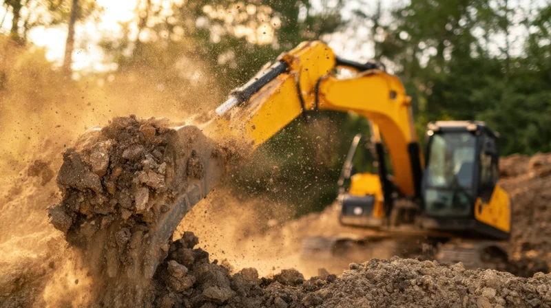Yellow excavator digging soil at a construction site during daylight