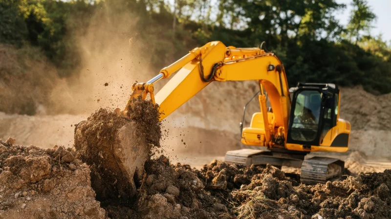 Yellow excavator digging soil at a construction site outdoors