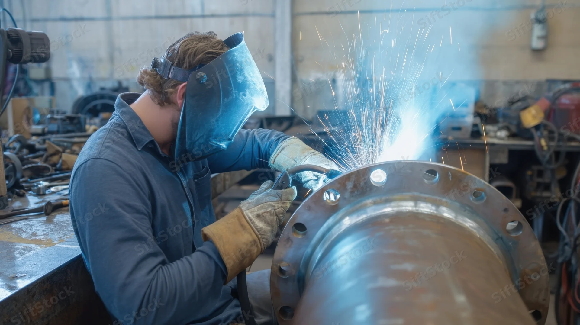 Welder welding metal pipe in industrial workshop