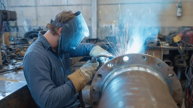 Welder welding metal pipe in industrial workshop
