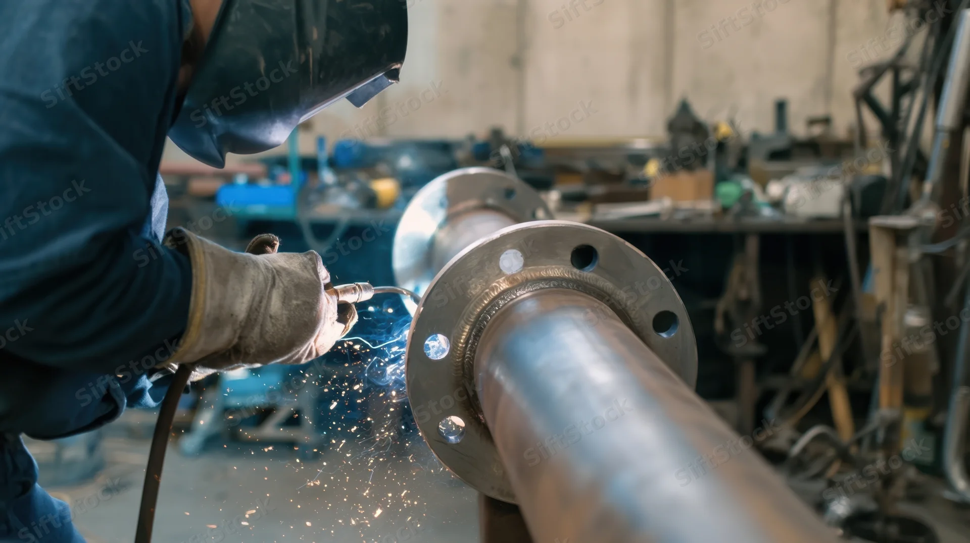 Welder joining metal pipes with torch in industrial workshop