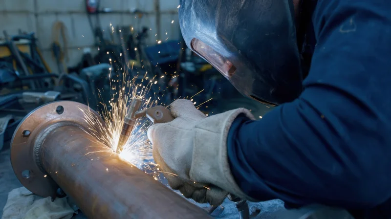 Welder joining metal pipe with sparks flying in workshop