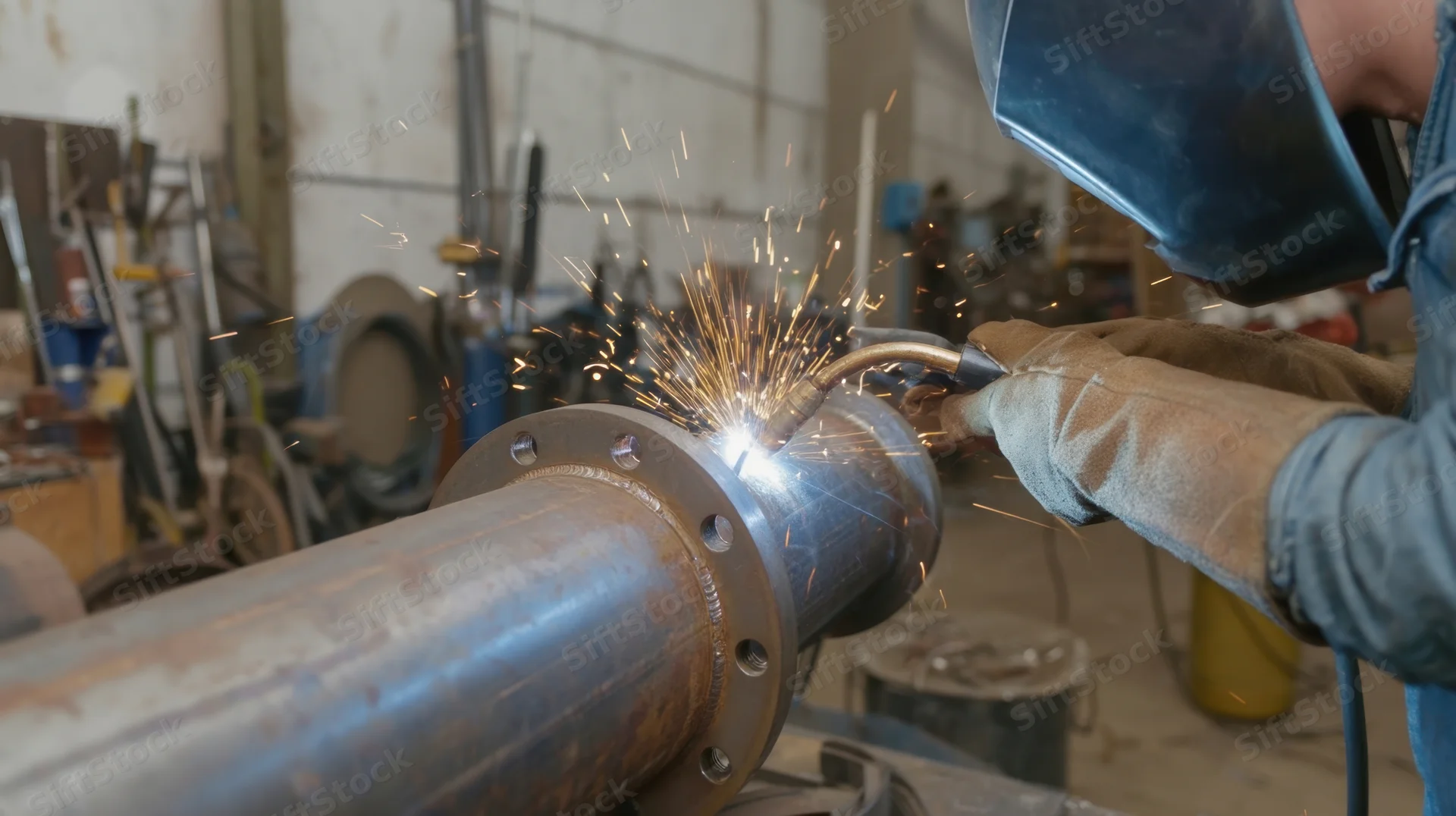 Welder joining metal pipe with arc welding torch in industrial workshop