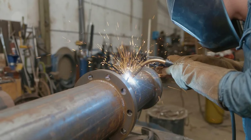 Welder joining metal pipe with arc welding torch in industrial workshop