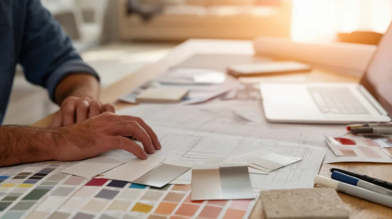 Interior designer reviewing color swatches and blueprints on a desk in a bright office