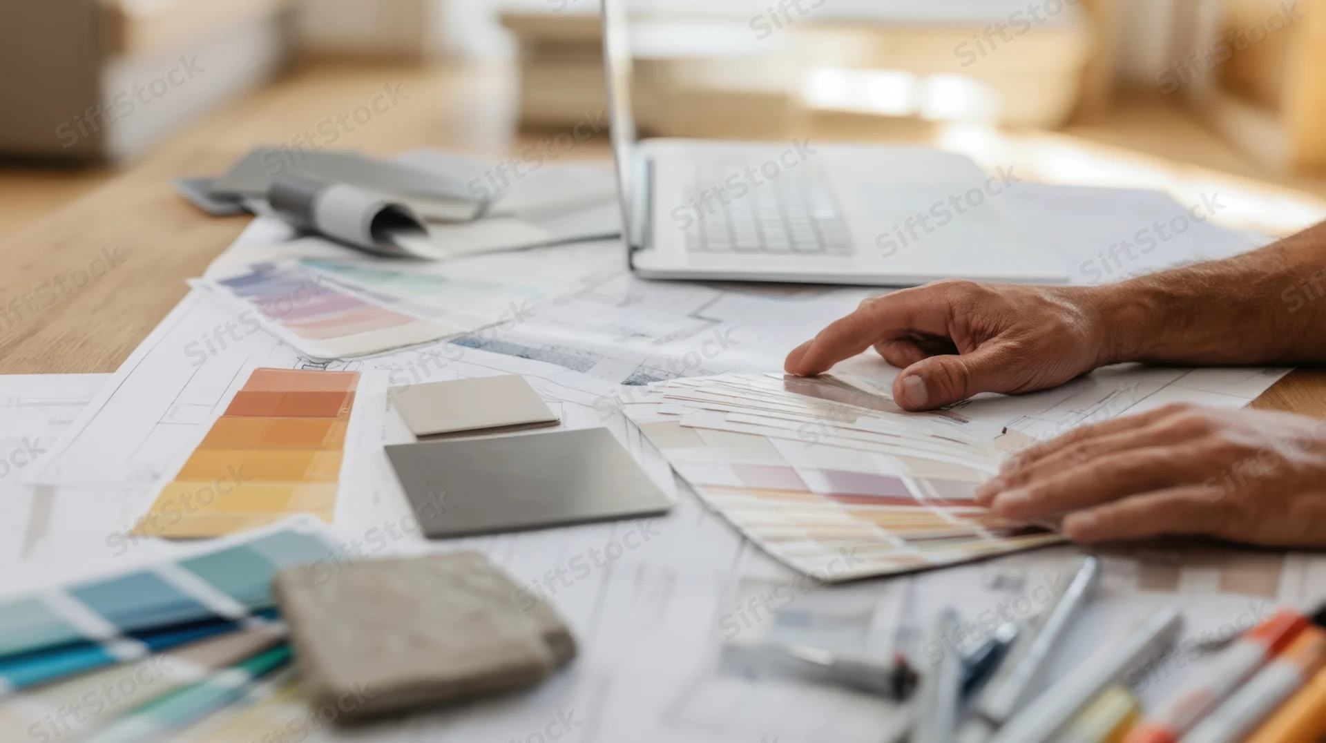 Architect’s hands pointing at color swatches on blueprints spread across a wooden desk with laptop and design tools nearby