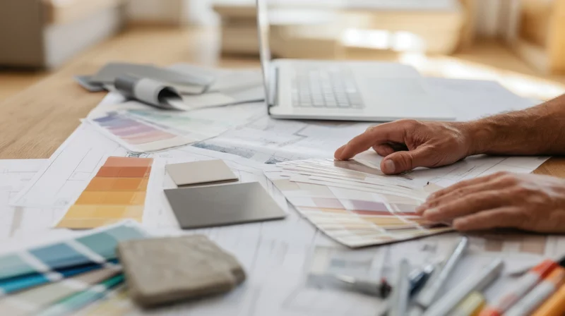 Architect’s hands pointing at color swatches on blueprints spread across a wooden desk with laptop and design tools nearby