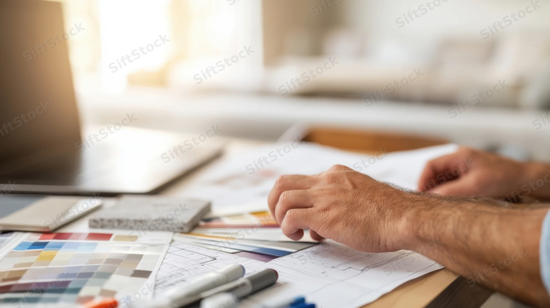 Architect reviewing blueprints and color swatches at a desk in a bright modern office