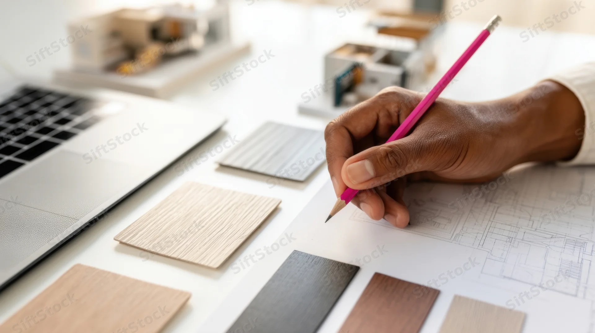 Architect's hand sketching blueprint with pencil on desk surrounded by material samples and laptop
