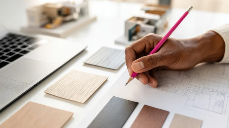Architect's hand sketching blueprint with pencil on desk surrounded by material samples and laptop
