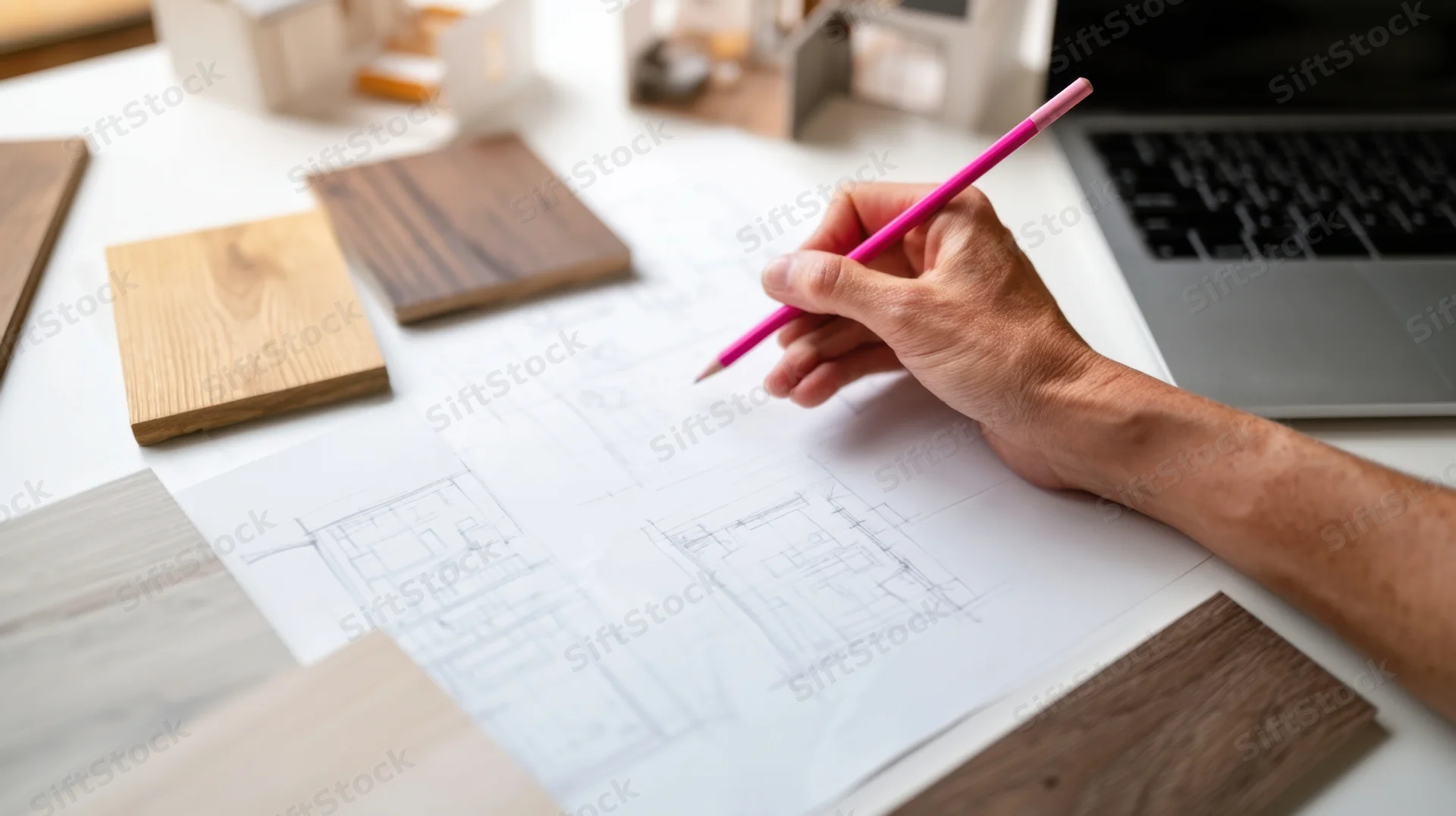 Architect's hand sketching blueprint with pencil on desk surrounded by wood samples and laptop