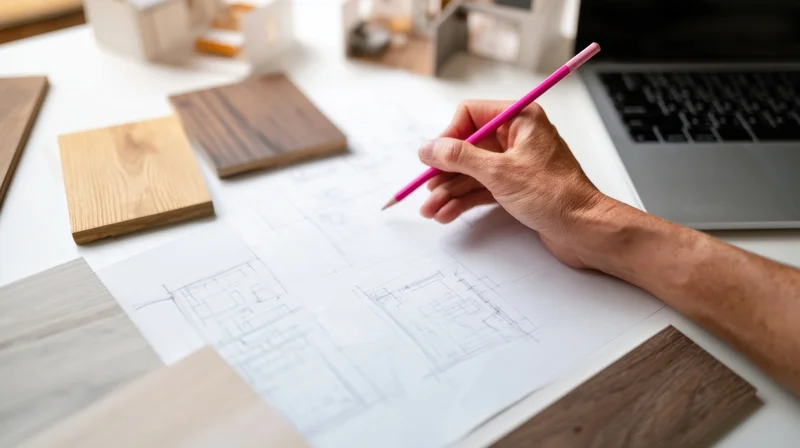Architect's hand sketching blueprint with pencil on desk surrounded by wood samples and laptop
