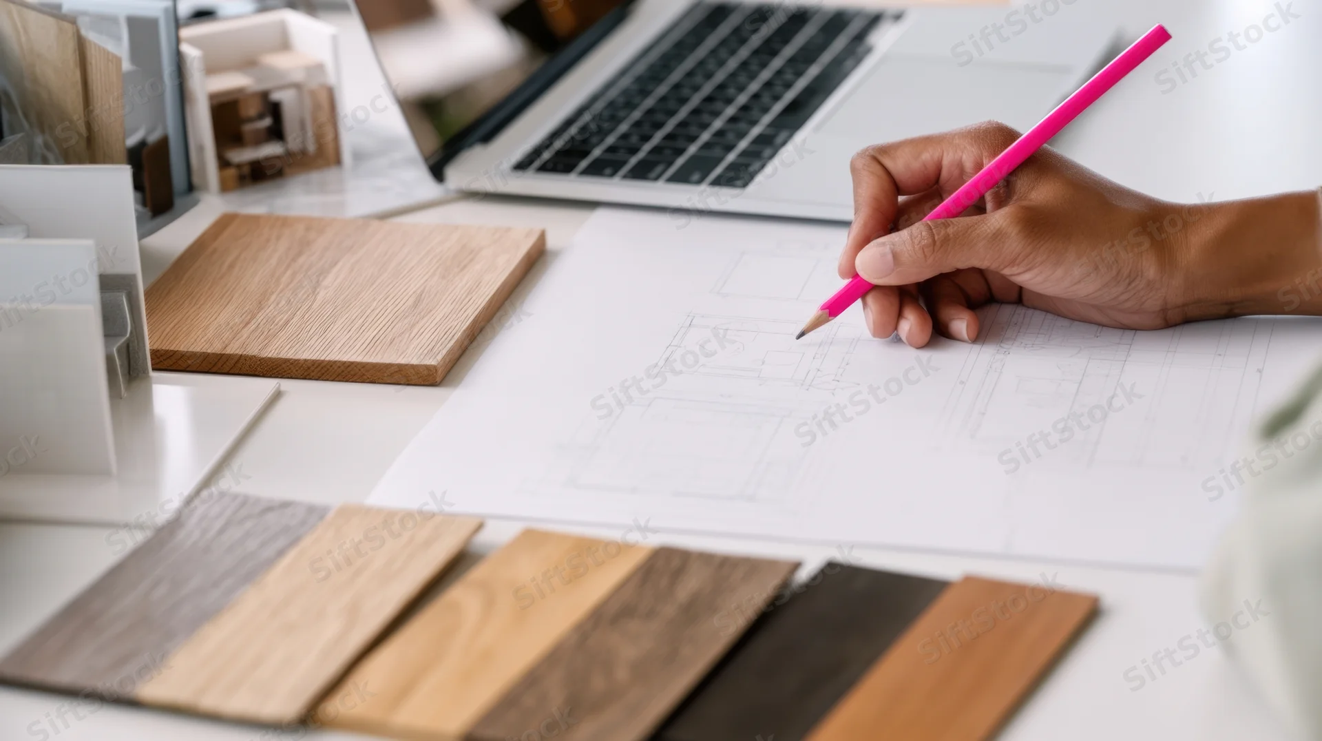 Architect sketching interior design plans on desk with wood samples and laptop