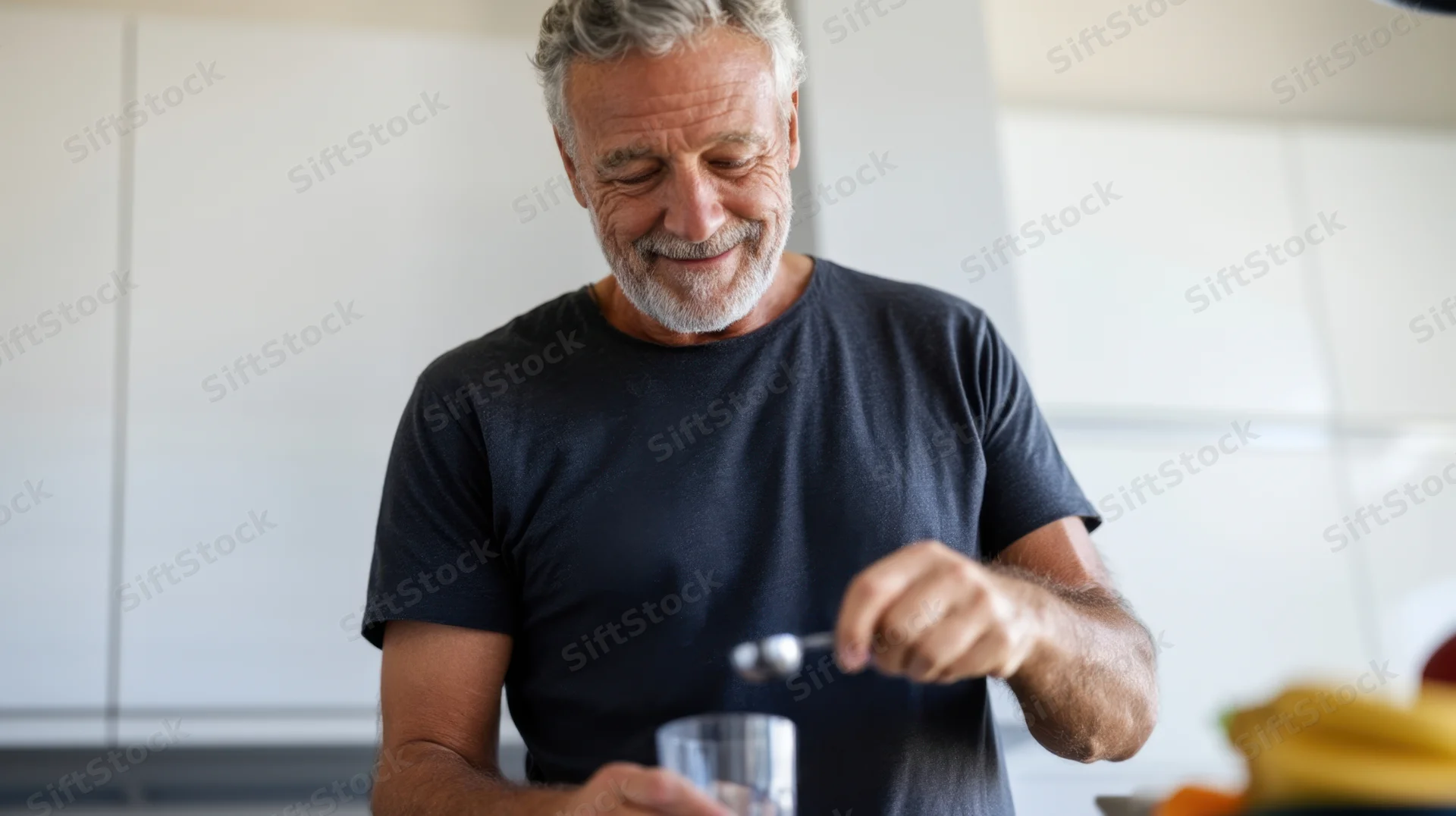 Senior man smiling while seasoning food in a modern kitchen