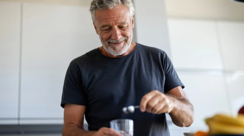 Senior man smiling while seasoning food in a modern kitchen