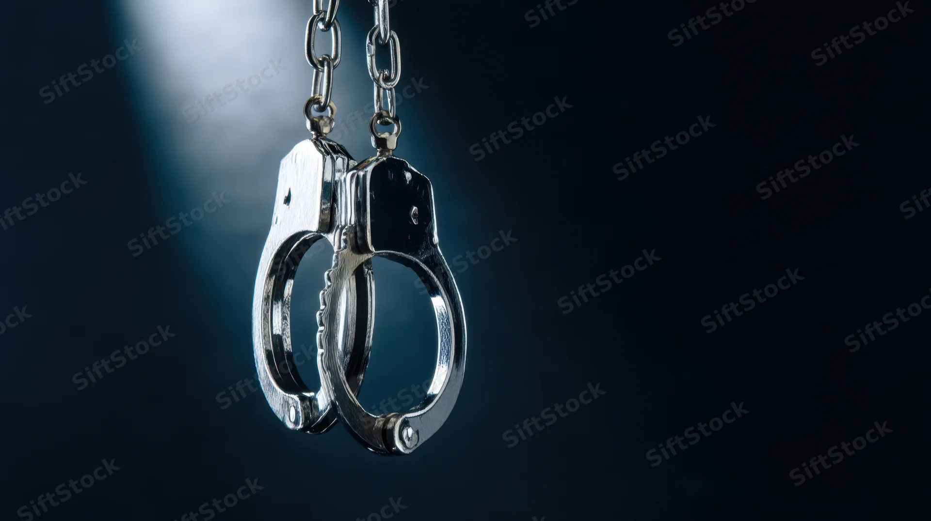 Metallic handcuffs hanging from chain against dark background with spotlight effect