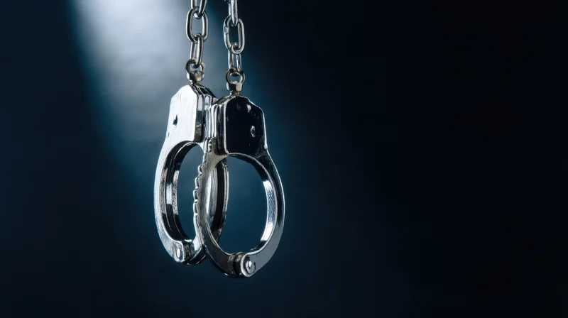Metallic handcuffs hanging from chain against dark background with spotlight effect