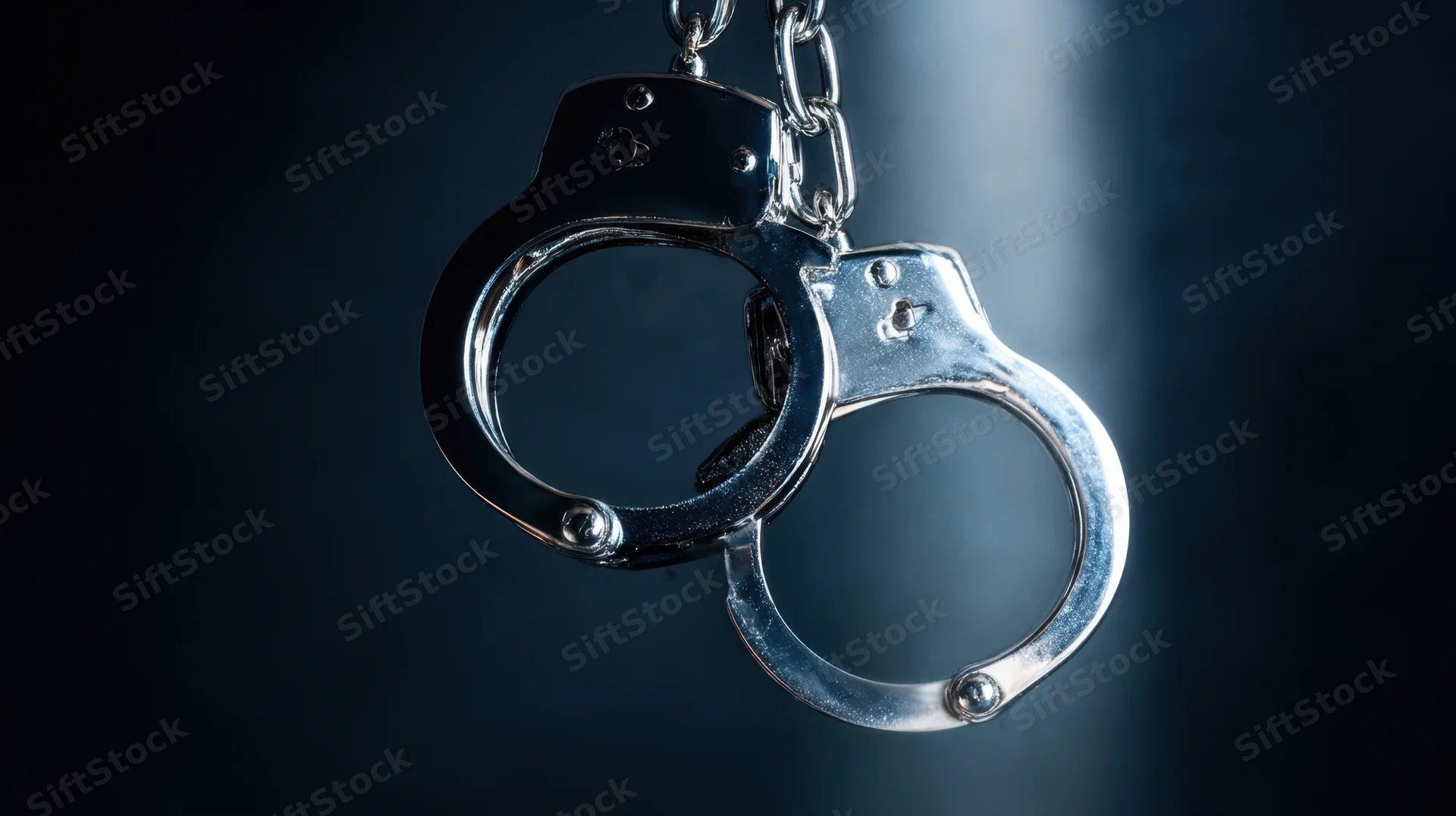 Metallic handcuffs hanging against a dark blue background with soft lighting and reflective surfaces