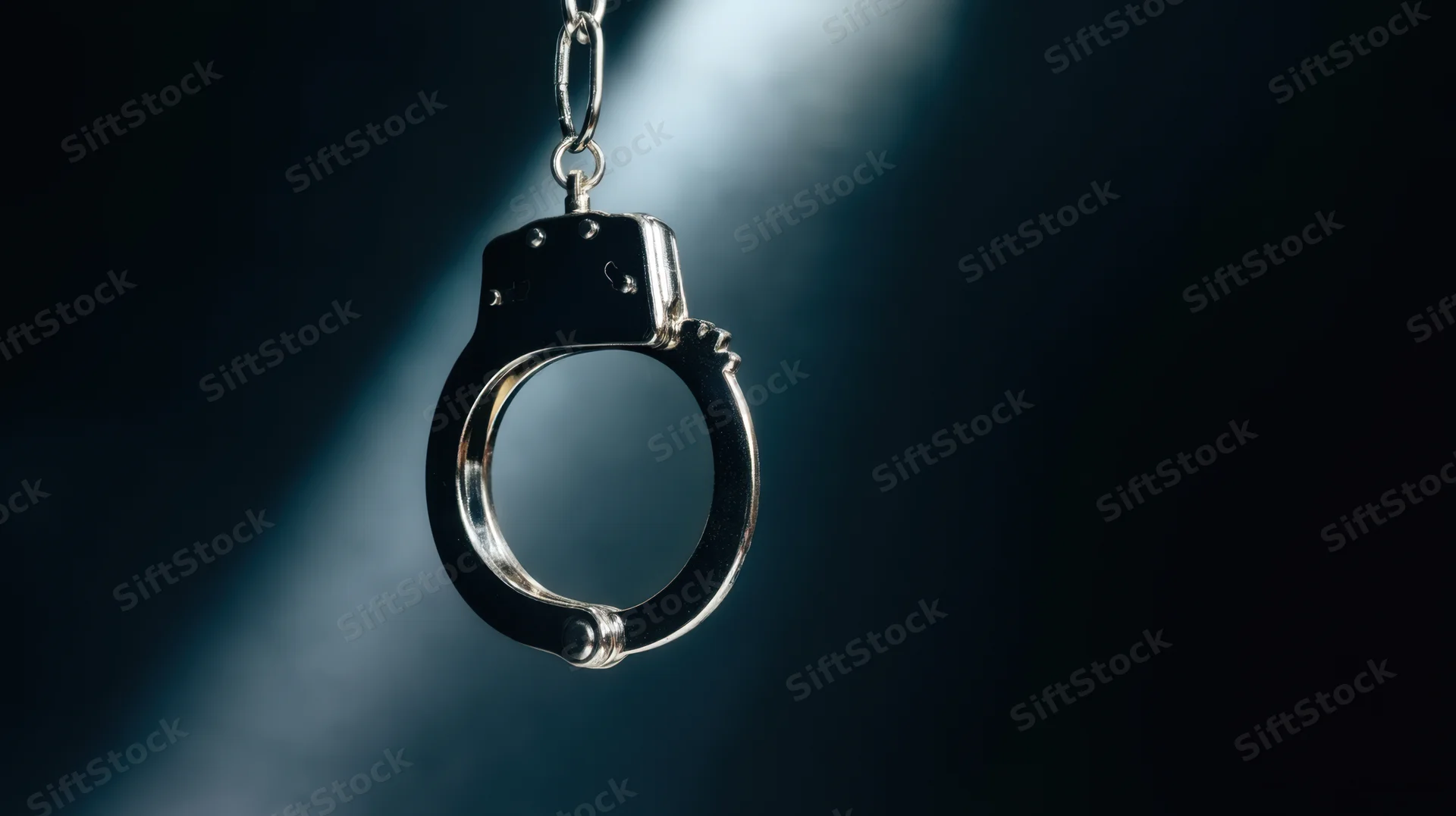 A pair of metal handcuffs hanging suspended in a spotlight against a dark background