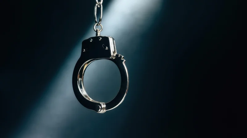 A pair of metal handcuffs hanging suspended in a spotlight against a dark background