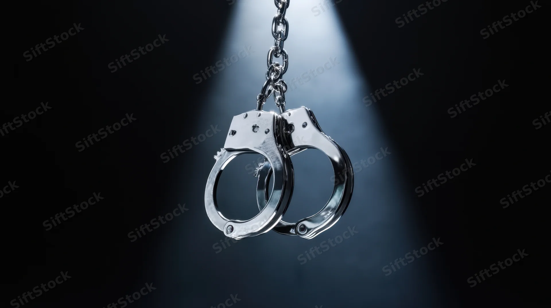 Metallic handcuffs hanging from a chain in a spotlight against a dark background