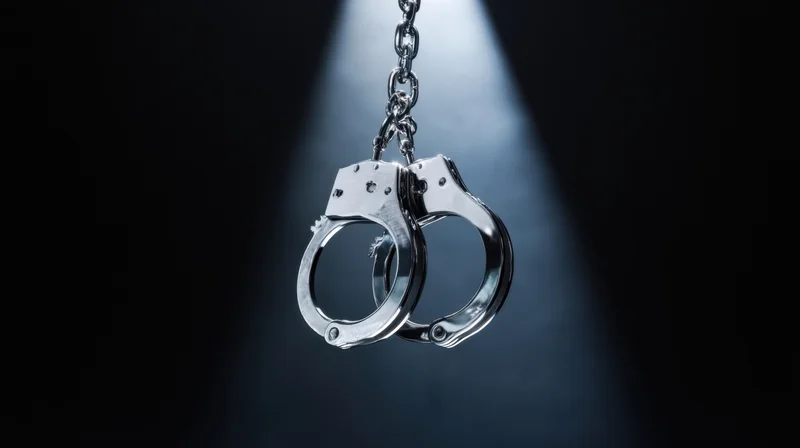 Metallic handcuffs hanging from a chain in a spotlight against a dark background